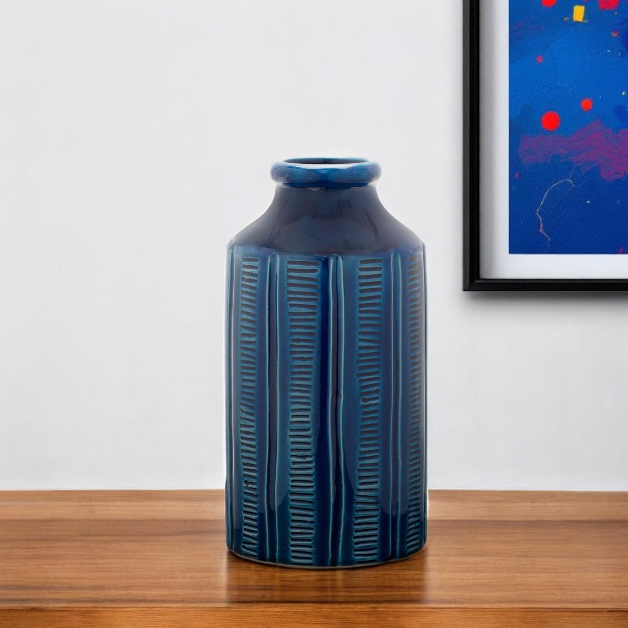 Blue Ribbed Round Terracotta Vase