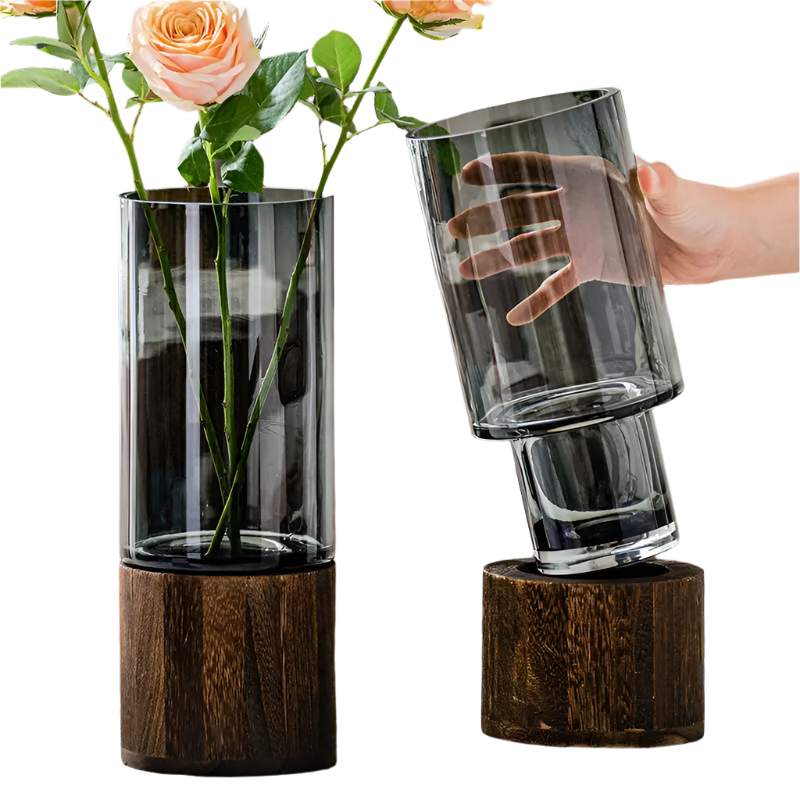 NNEOBA Elegant European Glass Vase with Wooden Base-1