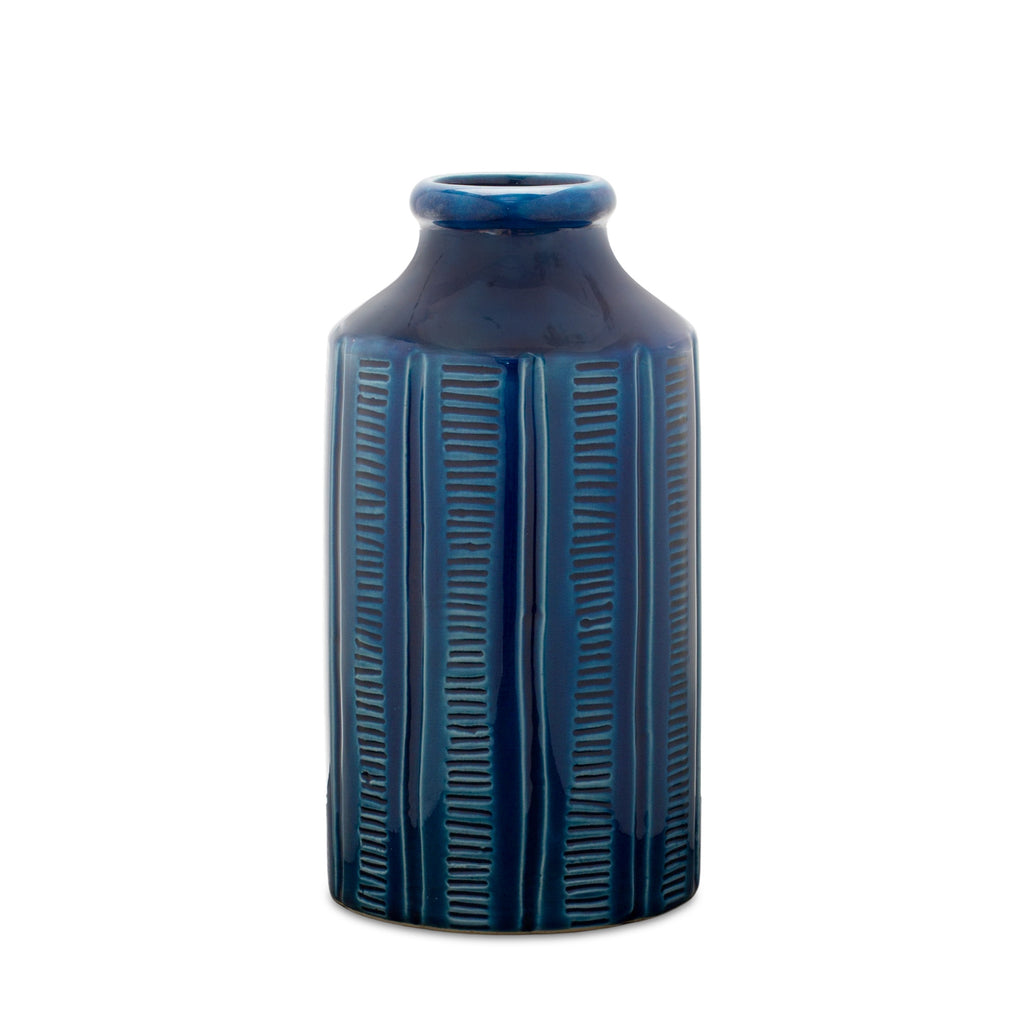 Blue Ribbed Round Terracotta Vase