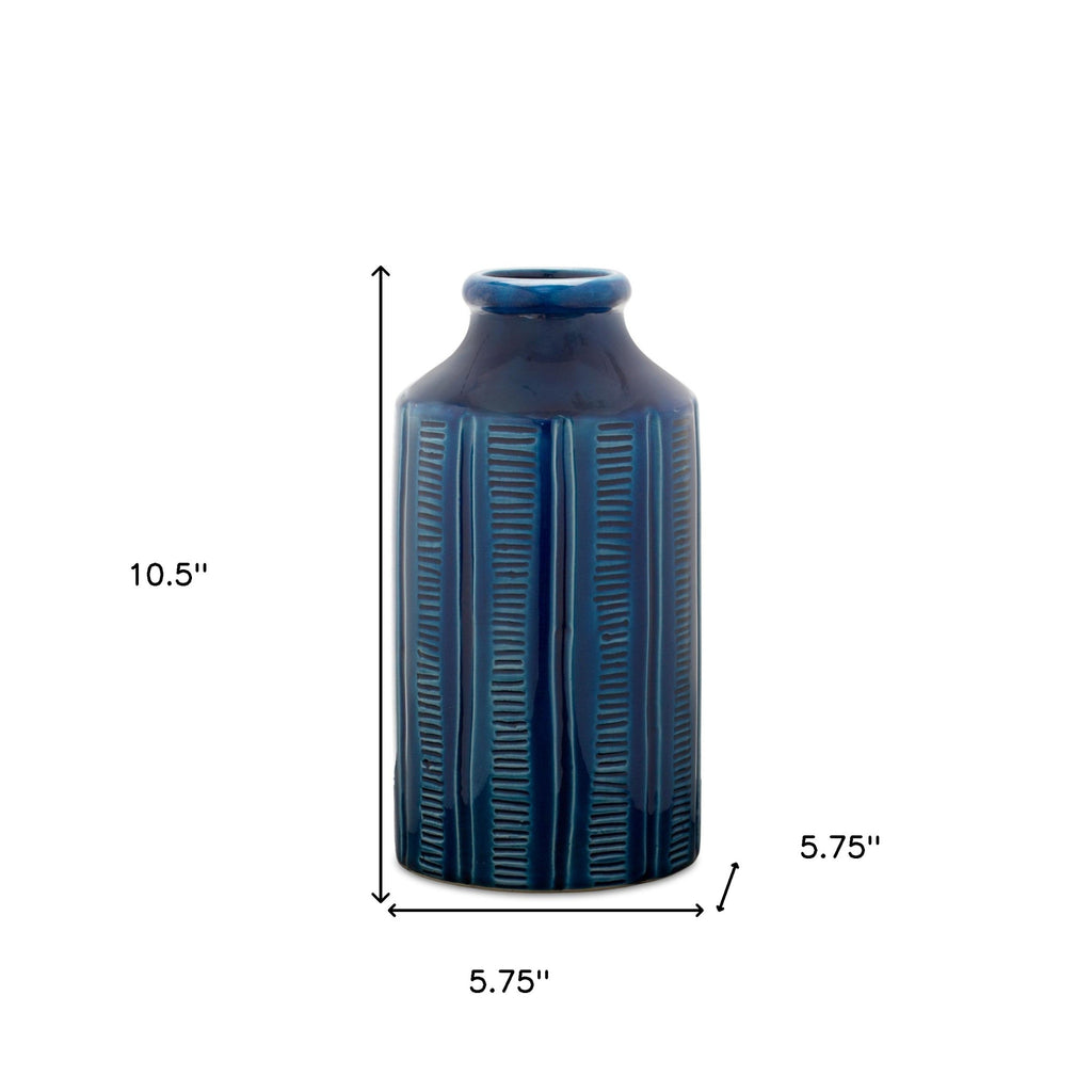 Blue Ribbed Round Terracotta Vase