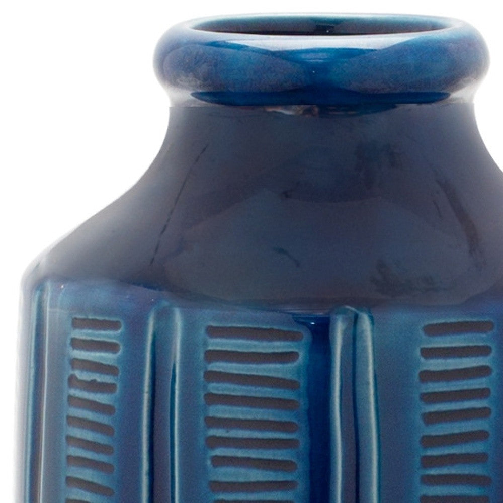 Blue Ribbed Round Terracotta Vase
