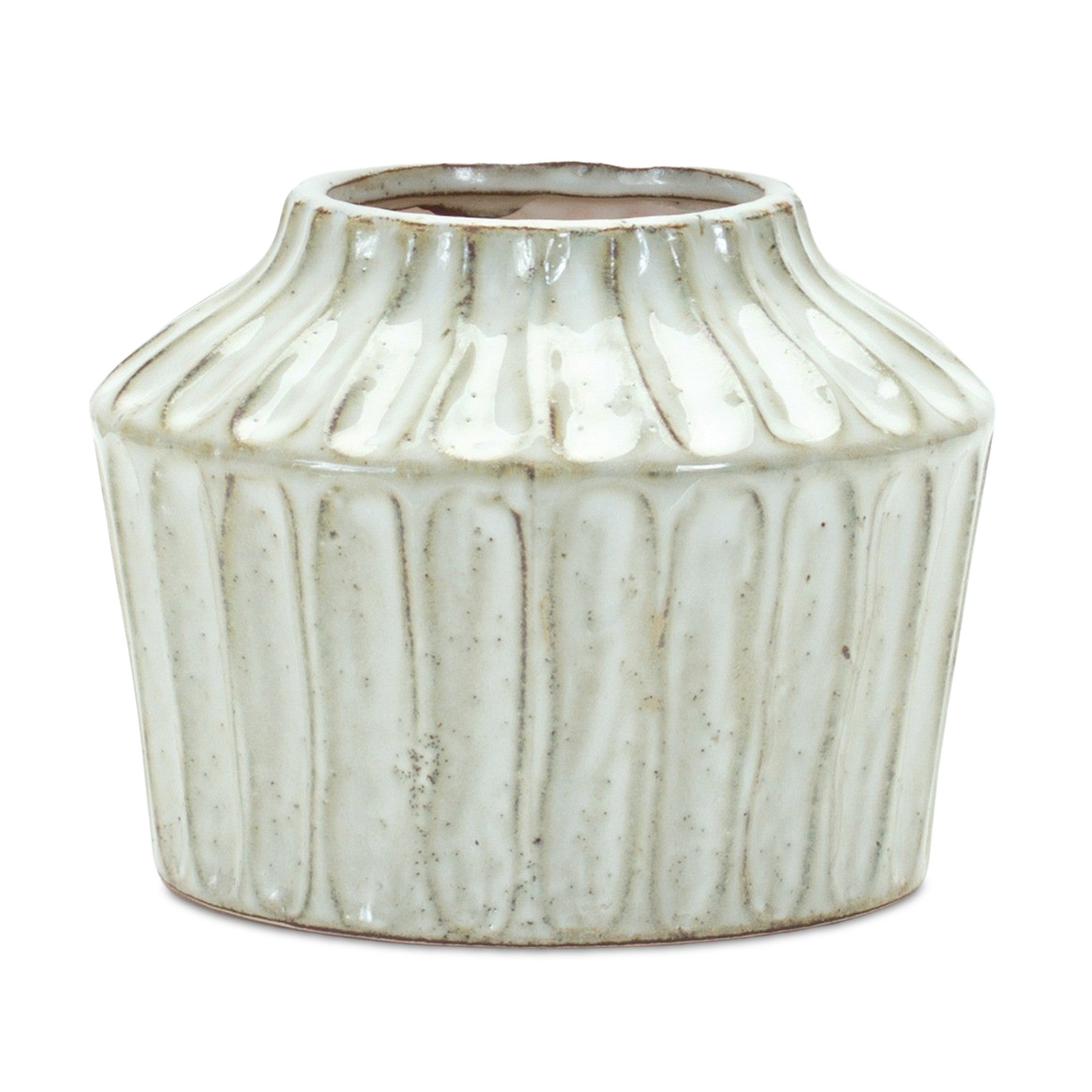 Ivory Ribbed Round Terracotta Table Vase