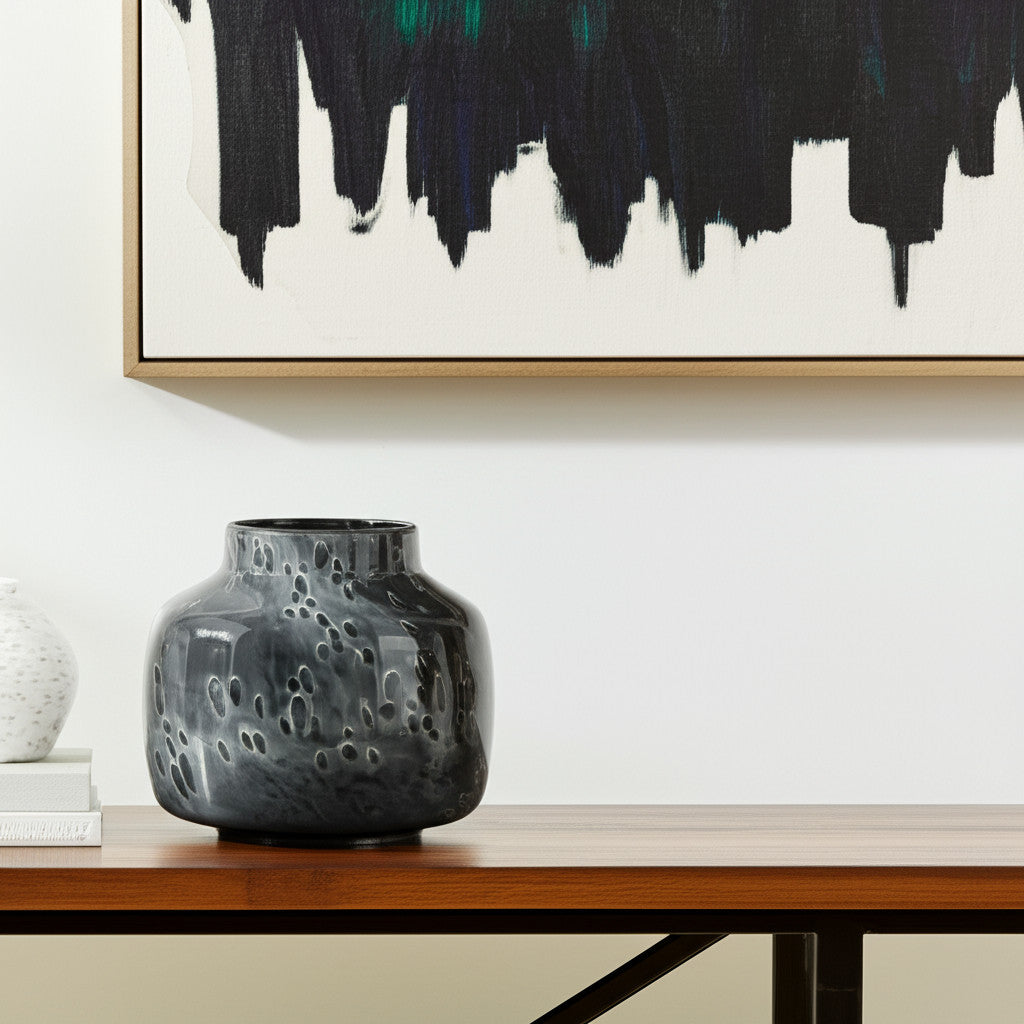 Black Mottled Round Glass Vase